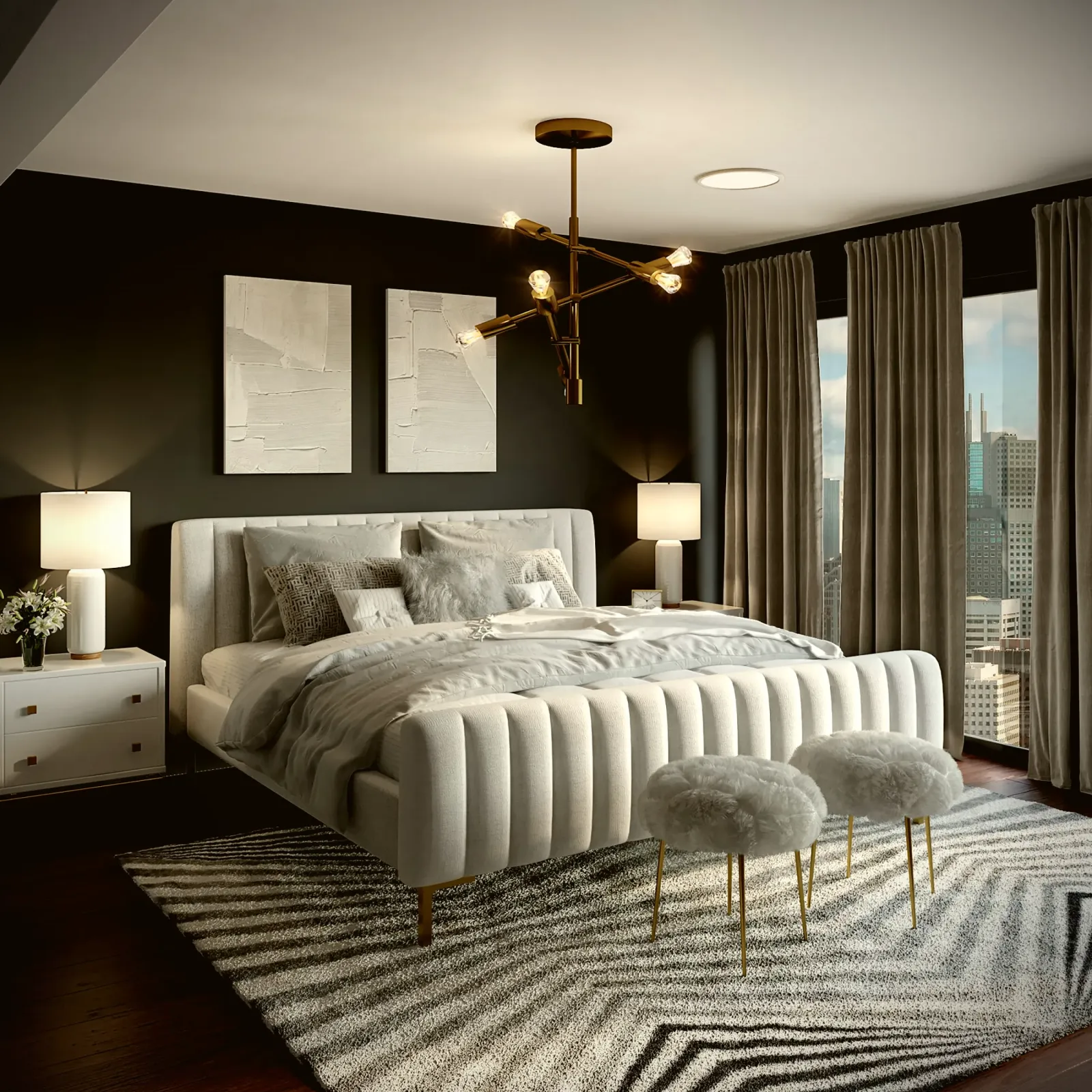 Dark bedroom with tall curtains and a brass pendant light