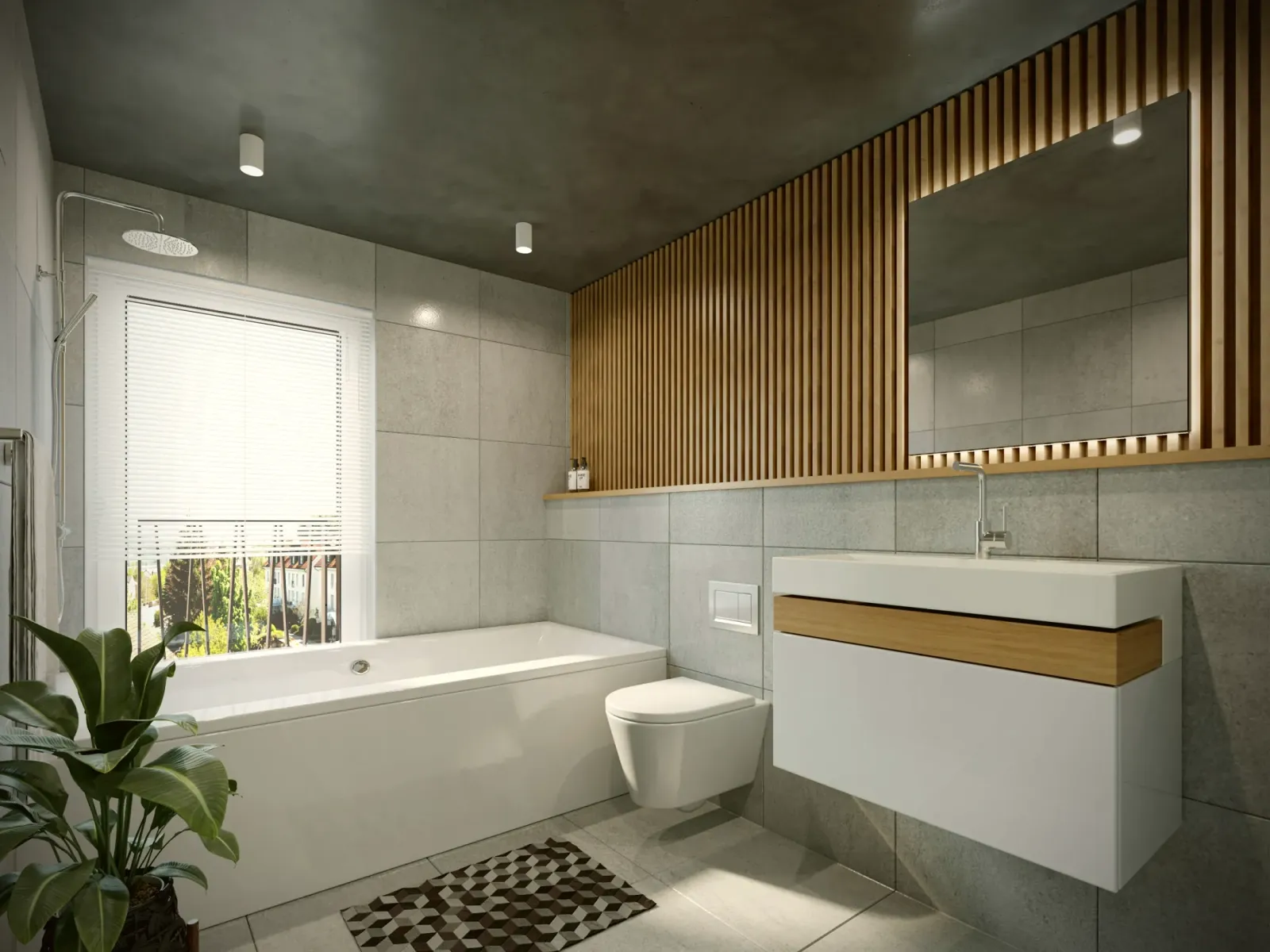 Timber slat wall above a vanity with concealed lighting