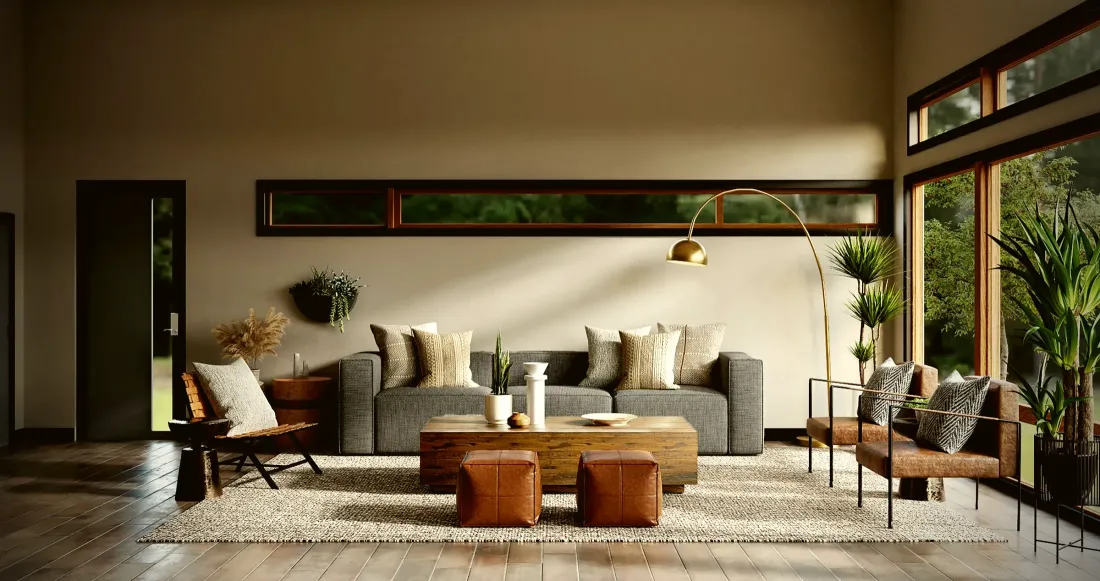 Living room with a low coffee table and ottomans