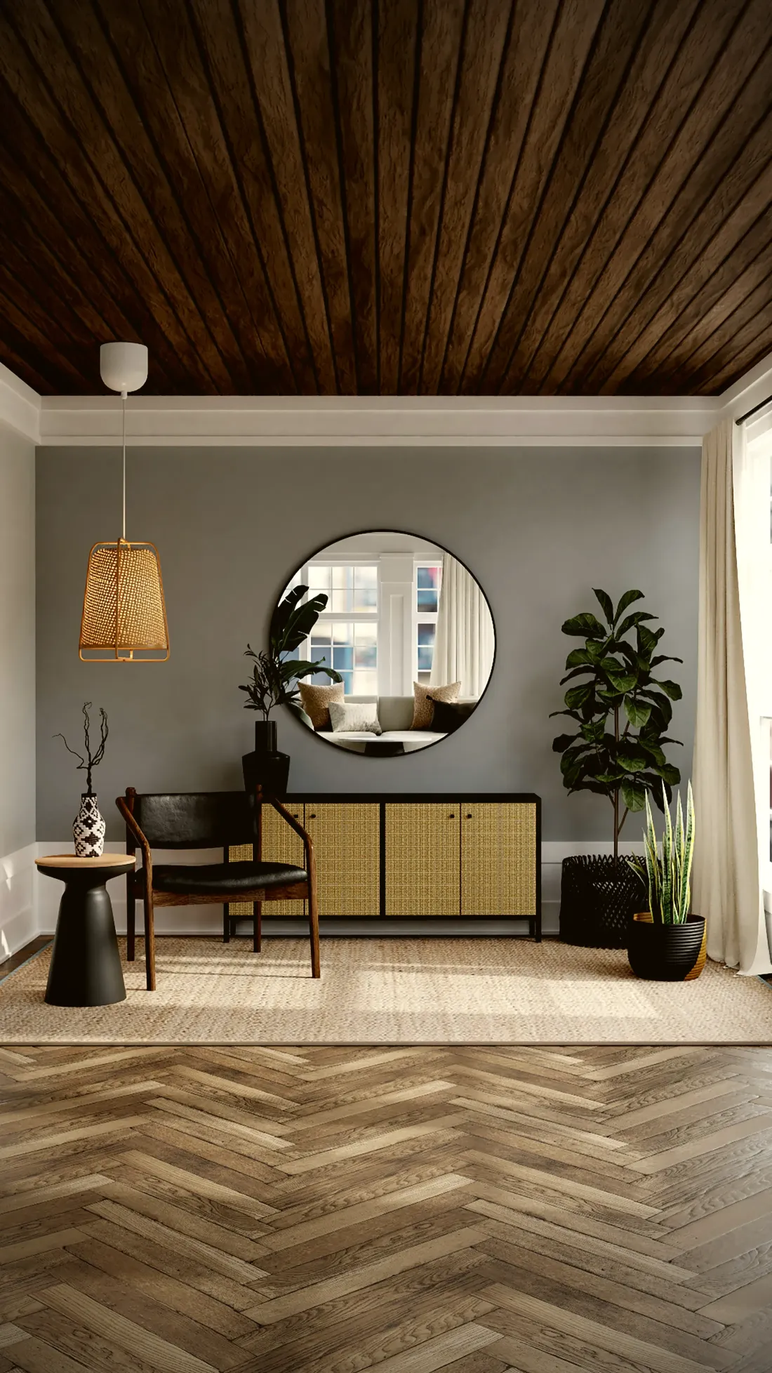 Console unit beneath a round mirror