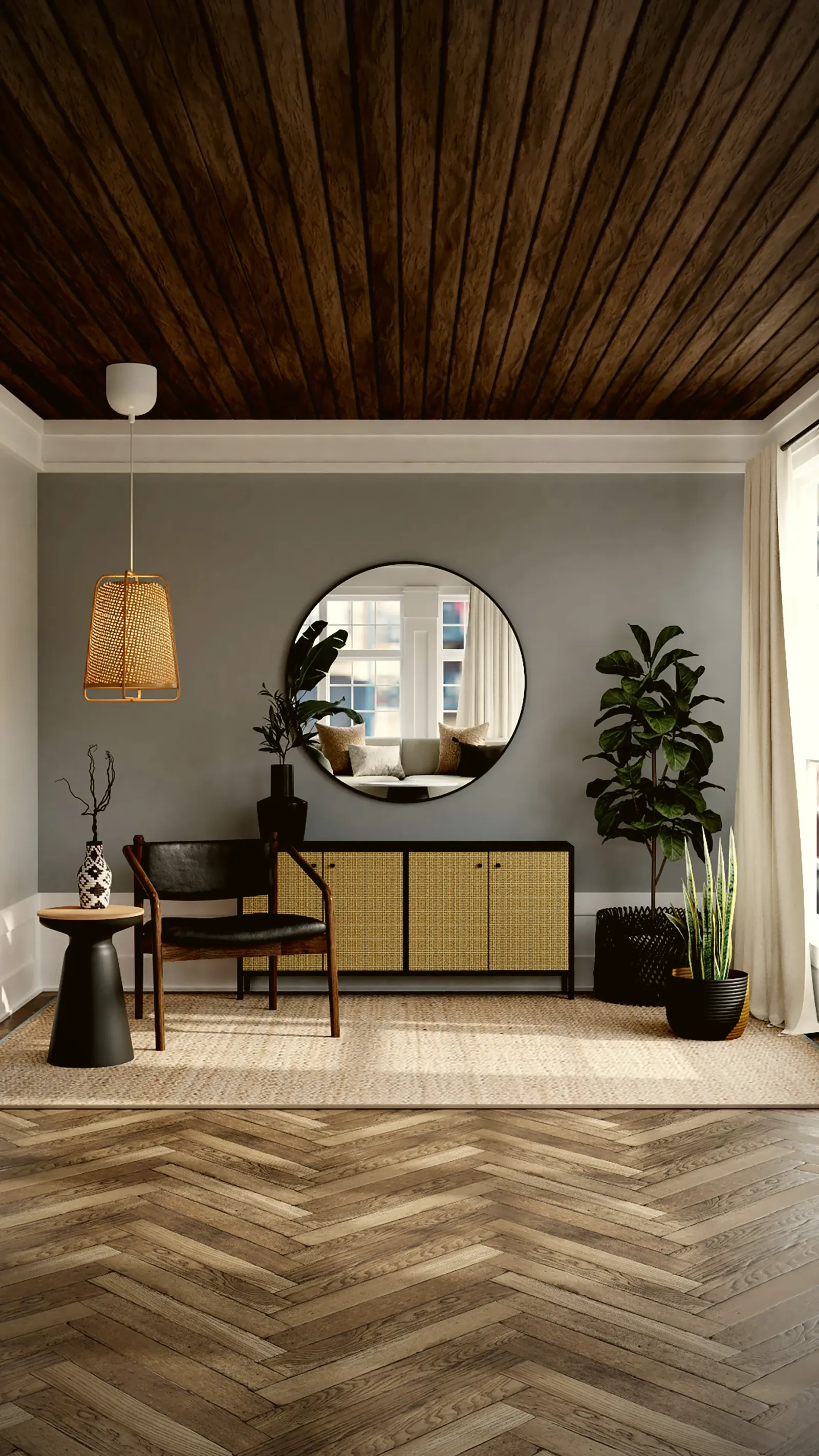 Console unit beneath a round mirror