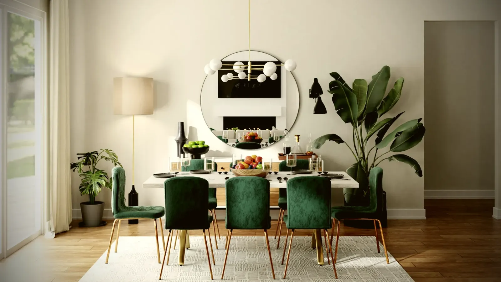 Dining table with upholstered chairs