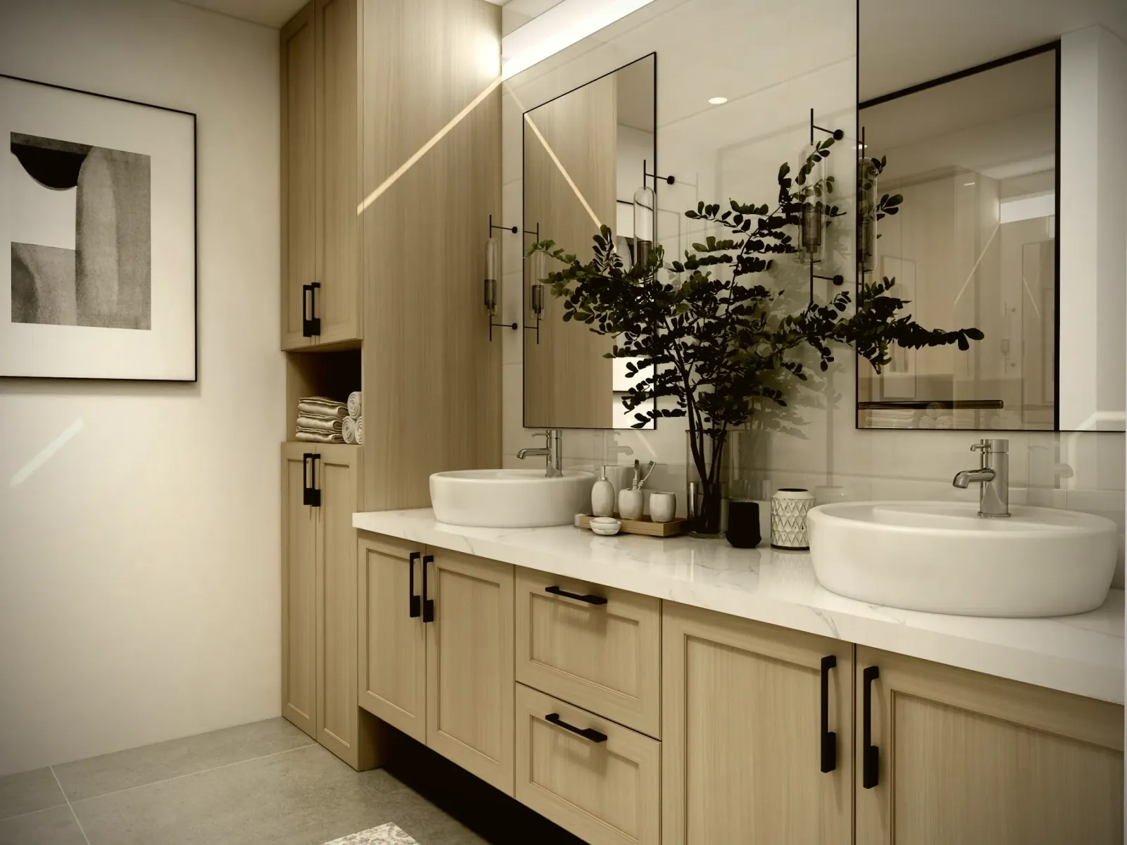 Bathroom with a timber vanity cabinet and tall storage