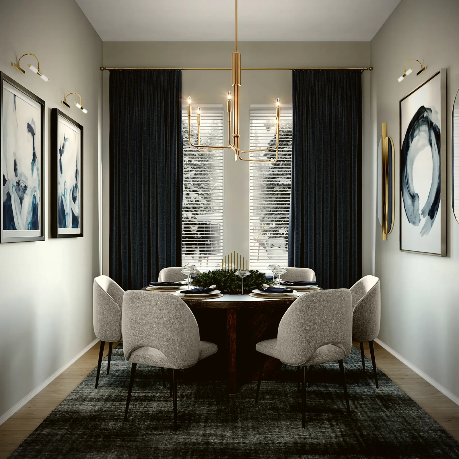 Dining room framed by full-height curtains