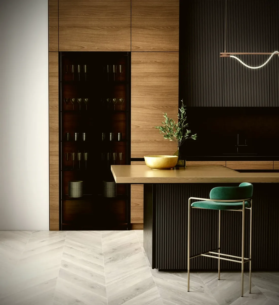 Dark fitted cabinetry with a glass display unit and bar counter